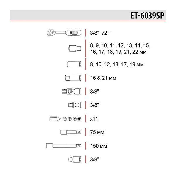 Набор инструментов 3/8", 39 ед. INTERTOOL ET-6039SP ET-6039SP фото