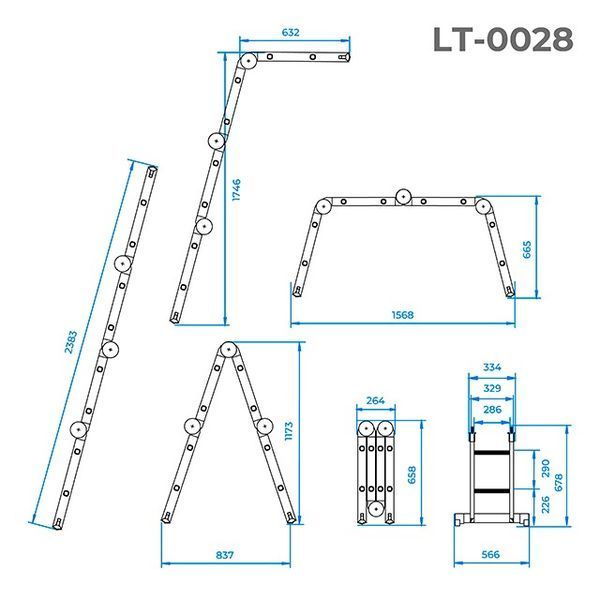 Драбина з алюмінію, багатофункціональна, трансформер, 4х2, 2,38 м INTERTOOL LT-0028 LT-0028 фото