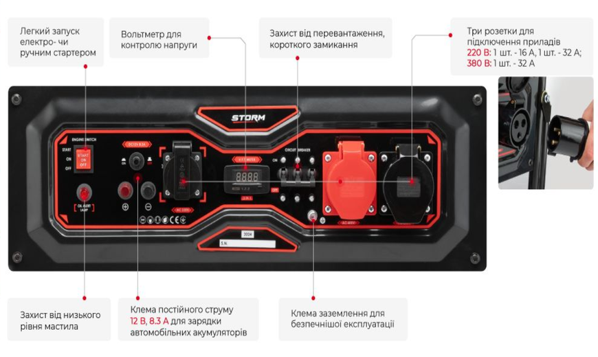 Генератор бензиновий 8/8.5 кВт, 220/380 В, 25 л, електро+ручний старт, мідна обмотка, STORM INTERTOOL DT-1186 DT-1186 фото