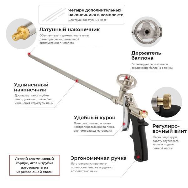 Пистолет для пены с длинным носиком 500 мм + 4 насадки INTERTOOL PT-0650 PT-0650 фото