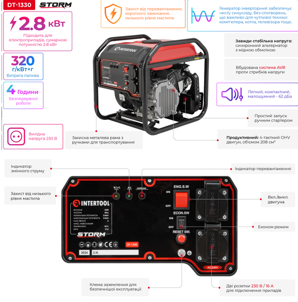 Генератор бензиновий інверторний INTERTOOL DT-1330 STORM 2.8/3 кВт, 220 В, 8 л, ручний старт, мідна обмотка DT-1330 фото