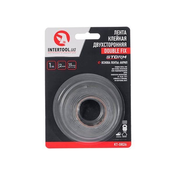 Стрічка клейка двостороння DOUBLE FIX, 15 мм * 1 м * 2 мм, прозора, акрил, STORM INTERTOOL KT-0826 KT-0826 фото