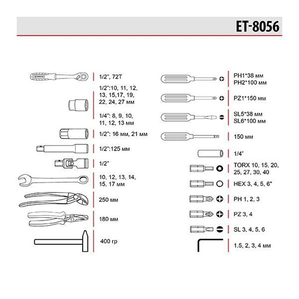 Набір інструментів 1/2" & 1/4", 56 од., Cr-V STORM INTERTOOL ET-8056 ET-8056 фото