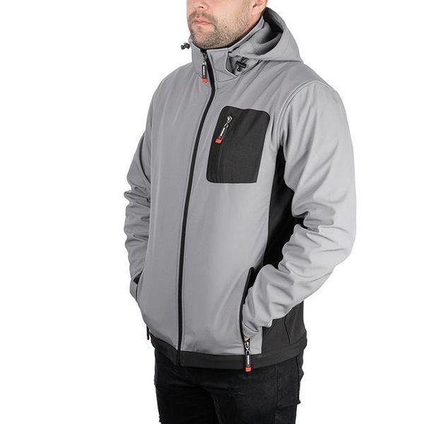 Куртка SOFTSHELL світло сіро-чорна, з капюшоном, тришарова, тканина - стрейч 300 GSM 100D, з водо- і вітрозахистом, розмір L INTERTOOL SP-3123 SP-3123 фото