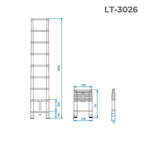 Драбина з алюмінію, телескопічна 8 сход., 2,5 м INTERTOOL LT-3026 LT-3026 фото