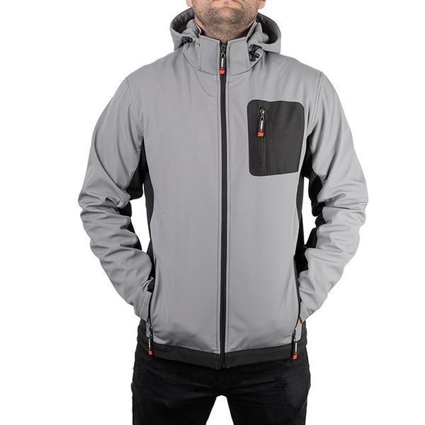 Куртка SOFTSHELL светло серо-черная, с капюшоном, трехслойная, ткань стрейч 300 GSM 100D с водо-, ветрозащитой, размер XL INTERTOOL SP-3124 SP-3124 фото