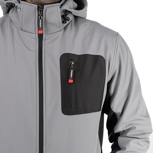 Куртка SOFTSHELL светло серо-черная, с капюшоном, трехслойная, ткань стрейч 300 GSM 100D с водо-, ветрозащитой, размер XL INTERTOOL SP-3124 SP-3124 фото