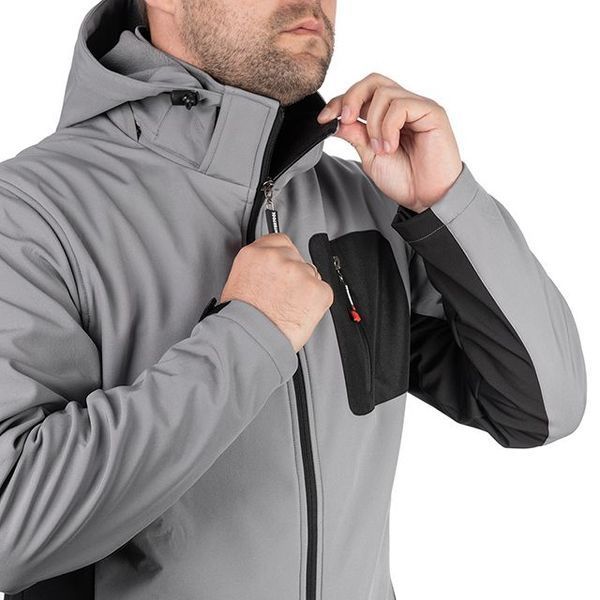 Куртка SOFTSHELL светло серо-черная, с капюшоном, трехслойная, ткань стрейч 300 GSM 100D с водо-,&nbsp;ветрозащитой, размер XXL INTERTOOL SP-3125 SP-3125 фото
