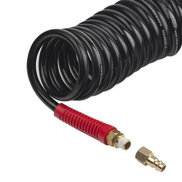 Шланг BLACK M-Flex 8*12 мм, 10 м спіральний поліуретановий з поворотним шарніром, латунними швидкороз'ємними з'єднаннями STORM INTERTOOL PT-1796 PT-1796 фото