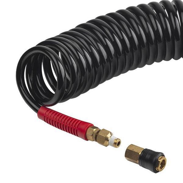 Шланг BLACK M-Flex 8*12 мм, 10 м спіральний поліуретановий з поворотним шарніром, латунними швидкороз'ємними з'єднаннями STORM INTERTOOL PT-1796 PT-1796 фото