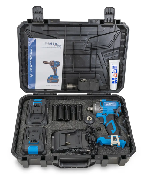 Акумуляторний ударний гайкокрут KRAISSMANN 1103 ASS-BL 20/2 MP (крутний момент 650 Нм, дві АКБ по 4000 мАг, безщітковий двигун, зарядний пристрій, набір головок, перехідники для патрону та біт, кейс) 1103 ASS-BL 20/2 MP фото