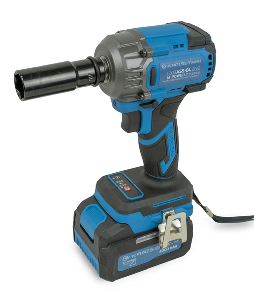 Акумуляторний ударний гайкокрут KRAISSMANN 1103 ASS-BL 20/2 MP (крутний момент 650 Нм, дві АКБ по 4000 мАг, безщітковий двигун, зарядний пристрій, набір головок, перехідники для патрону та біт, кейс) 1103 ASS-BL 20/2 MP фото