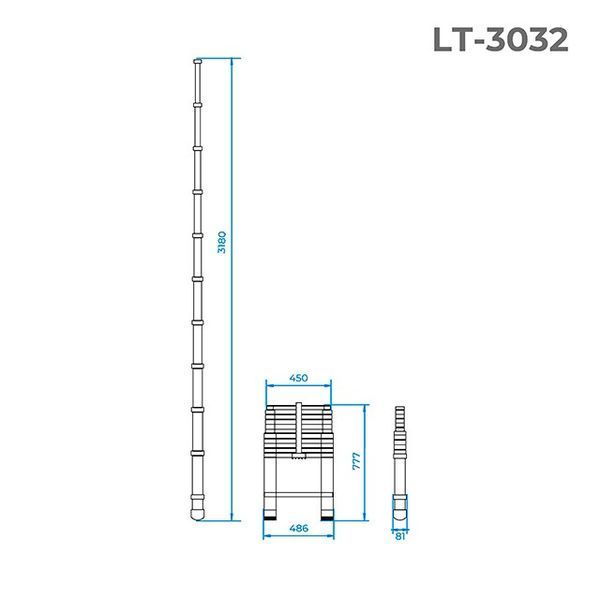 Драбина з алюмінію, телескопічна 10 сход., 3,20 м INTERTOOL LT-3032 LT-3032 фото