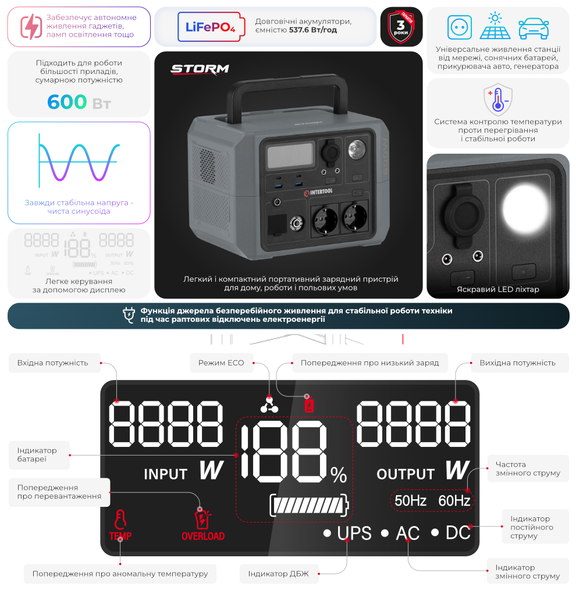 Станция зарядная портативная INTERTOOL WT-7001 (0.6 кВт, 537.6 Втг, LiFeP04) WT-7001 фото
