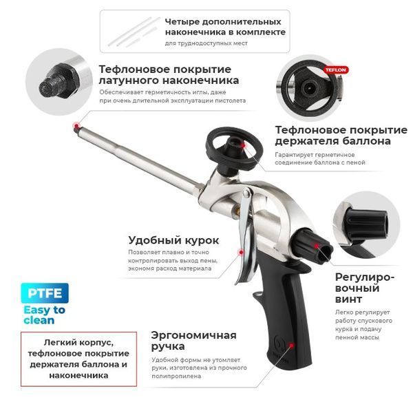 Пістолет для монтажної піни з тефлоновим покриттям тримача + 4 насадки INTERTOOL PT-0604 PT-0604 фото