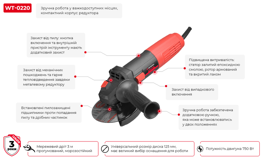 Шліфмашина кутова 750 Вт, діаметр круга 125 мм, 11 000 об/хв. INTERTOOL WT-0220 WT-0220 фото