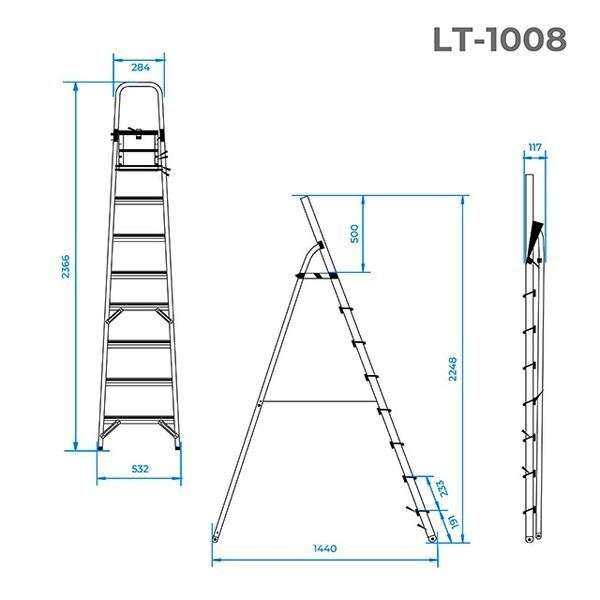 Стрем'янка з алюмінію, 8 сходинок, висота до платформи - 1720 мм INTERTOOL LT-1008 LT-1008 фото