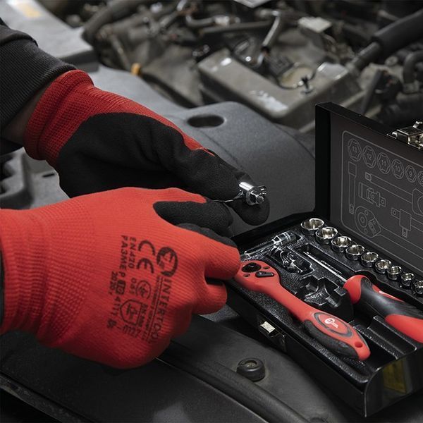 Рукавичка червона в'язана синтетична, вкрита сірим нітрилом на долоні 10" INTERTOOL SP-0127 SP-0127 фото