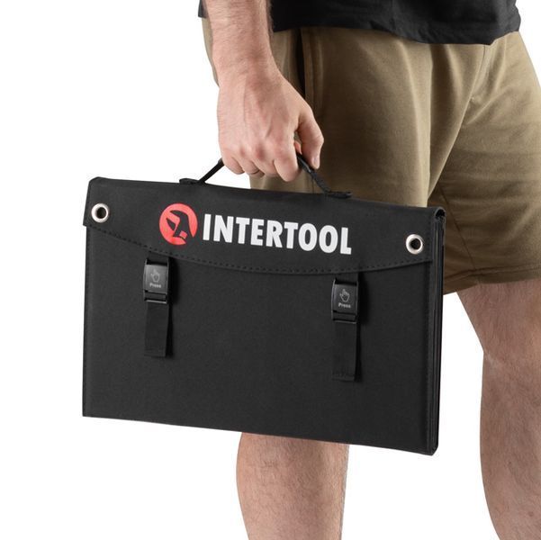 Солнечная монокристаллическая панель с ламинированным стеклом INTERTOOL PS-0003 100Вт, портативная мобильная солнечная батарея для дома, дачи, кемпинга, авто, зарядки аккумуляторов и автономного электроснабжения PS-0003 фото