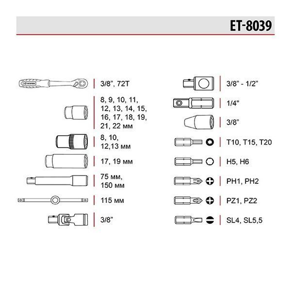 Набір інструментів 3/8", 39 од., Cr-V STORM INTERTOOL ET-8039 ET-8039 фото