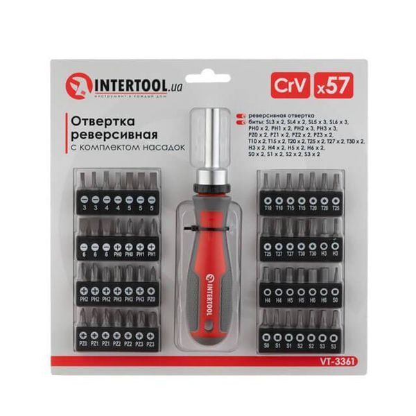 Отвертка реверсивная с комплектом насадок 57 ед INTERTOOL VT-3361 VT-3361 фото