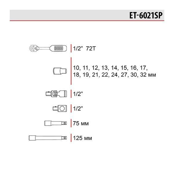 Набір інструментів 21 од., 1/2" INTERTOOL ET-6021SP ET-6021SP фото